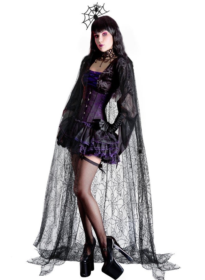 Funnysoft Womens Halloween Spider Web Cape Costume Black Lace Poncho Vampire Witch Hooded Cloak for Halloween(44.5 Inches) - Image 1